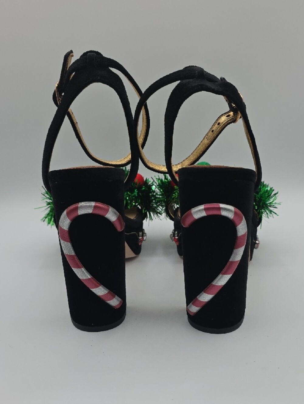 ANTONIO MELANI Black Velvet Heels with Green Tinsel and Red & Gold Ornaments - Picture 9 of 17